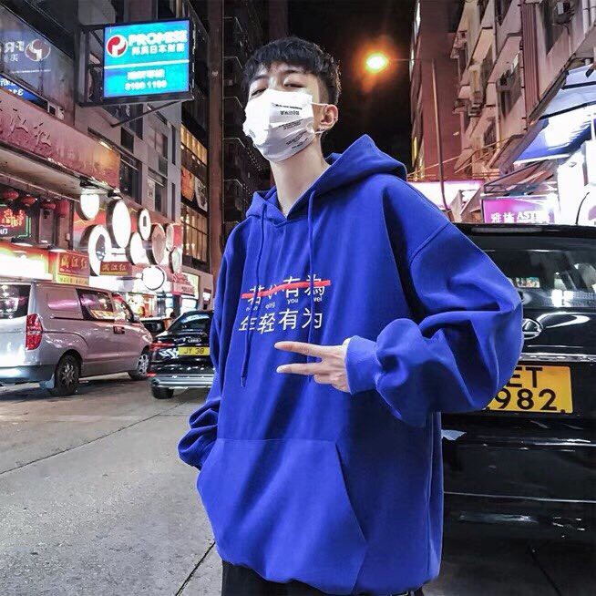 Áo Hoodie Nam Ulzzang thiêu chữ form rộng 3 màu Đen Xanh Kem