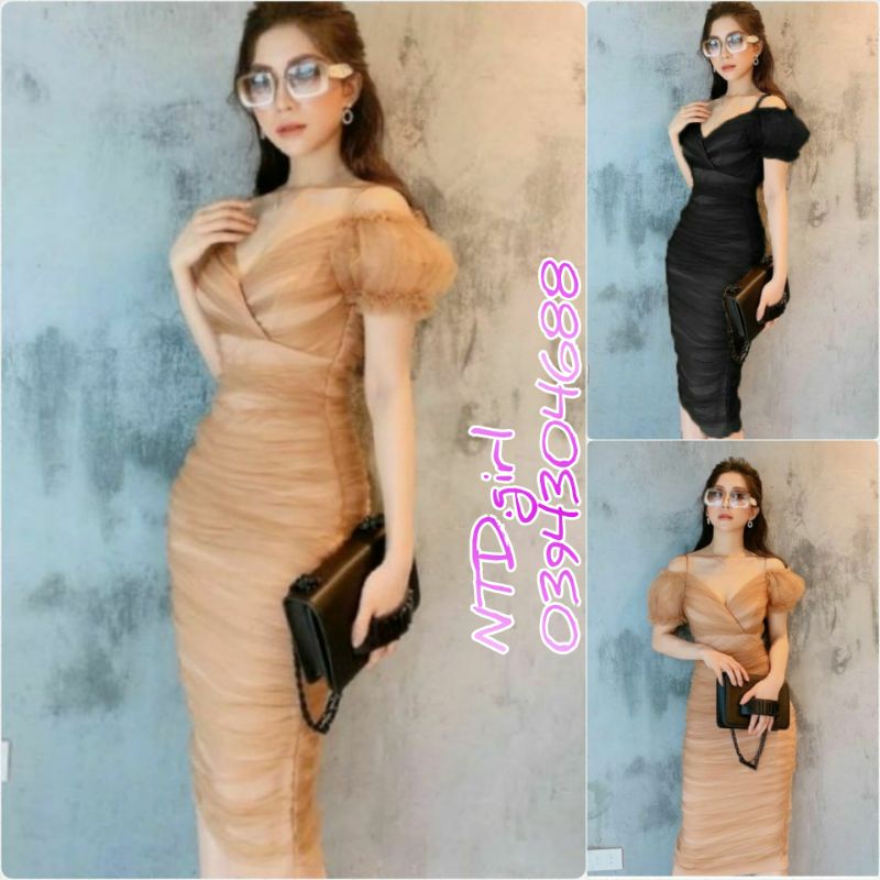 Thiết kế - Đầm dáng ôm thun lưới nhún siêu xinh, váy body dự tiệc trễ vai sang trọng