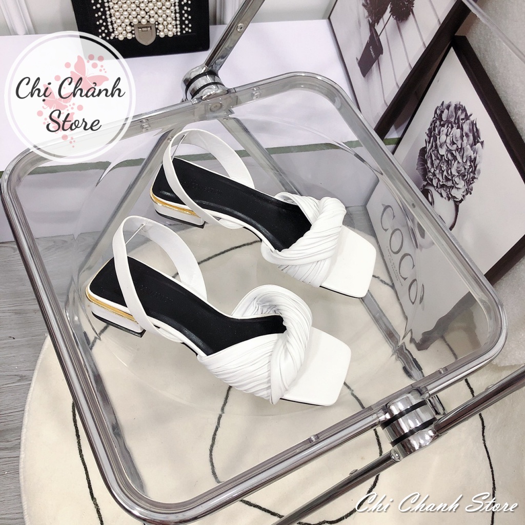 Sandal Đế Vuông Thấp 3p Quai Dập Ly Xoăn Mềm Phối Gót Vàng Kim Cực Xinh Đủ 2 Màu Trắng Đen Chị Chảnh Store