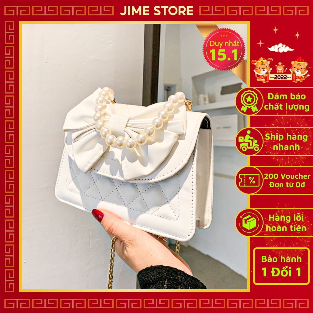 Túi xách nữ đeo chéo Jime Store cho chị em văn phòng có nắp gắn nơ và quai mix ngọc siêu đẹp T10