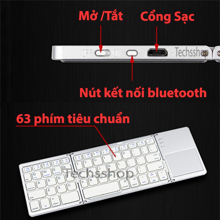 Bàn phím bluetooth không dây gấp gọn có touchpad - Loại phím vuông | WebRaoVat - webraovat.net.vn