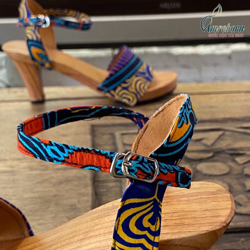 Combo túi xách guốc mộc tân thời, handmade, phong cách vintage, họa tiết vải đa sắc độc đáo