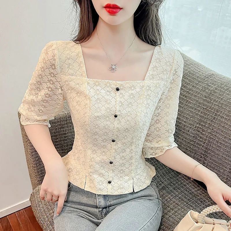 Áo Sơ Mi Ren In Họa Tiết Phong Cách Phương Tây Thời Trang Mùa Hè Dành Cho Nữ