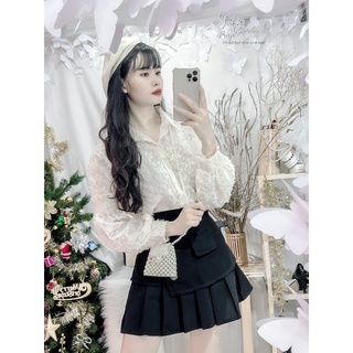 set áo sơmi lông phối chân váy tầng nút