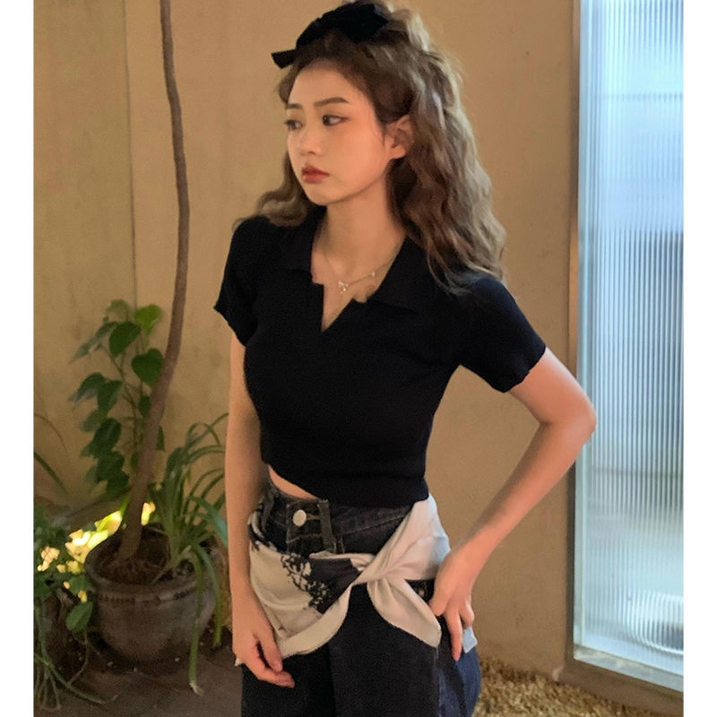 COZOK Áo Thun Dệt Kim Tay Ngắn Cổ Chữ v Màu Sắc Đơn Giản Phong Cách Retro