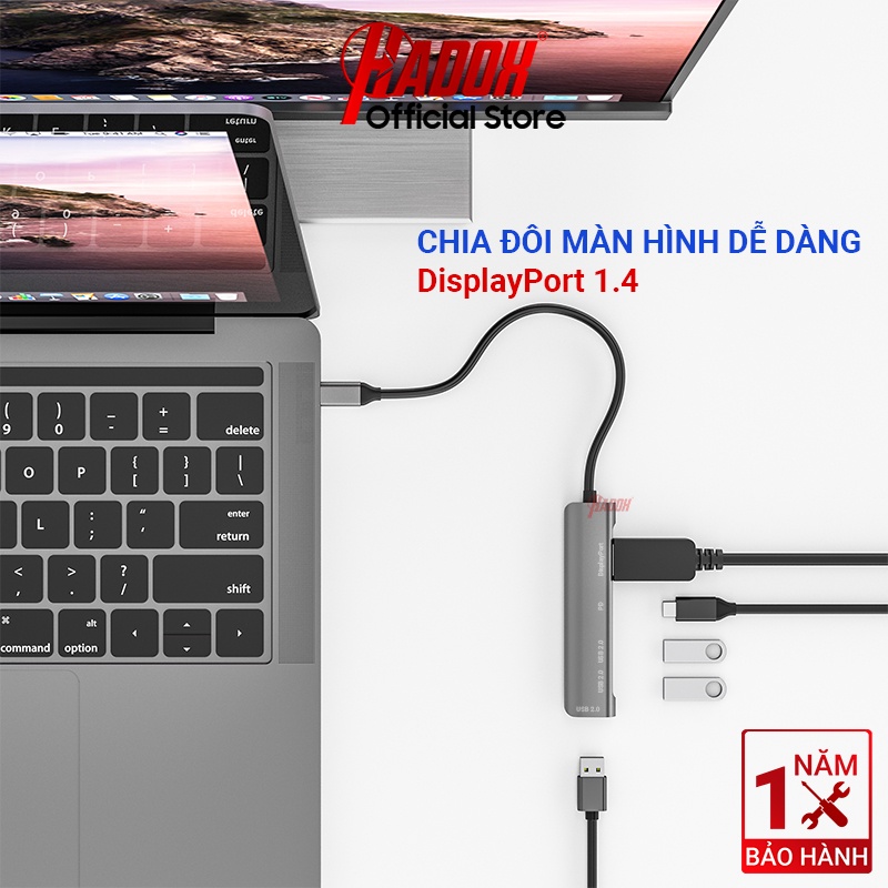 Bộ chia cổng hub type c to displayport, dp, usb, pd, bộ chuyển đổi type-c 5in1 cho laptop, macbook, ipad