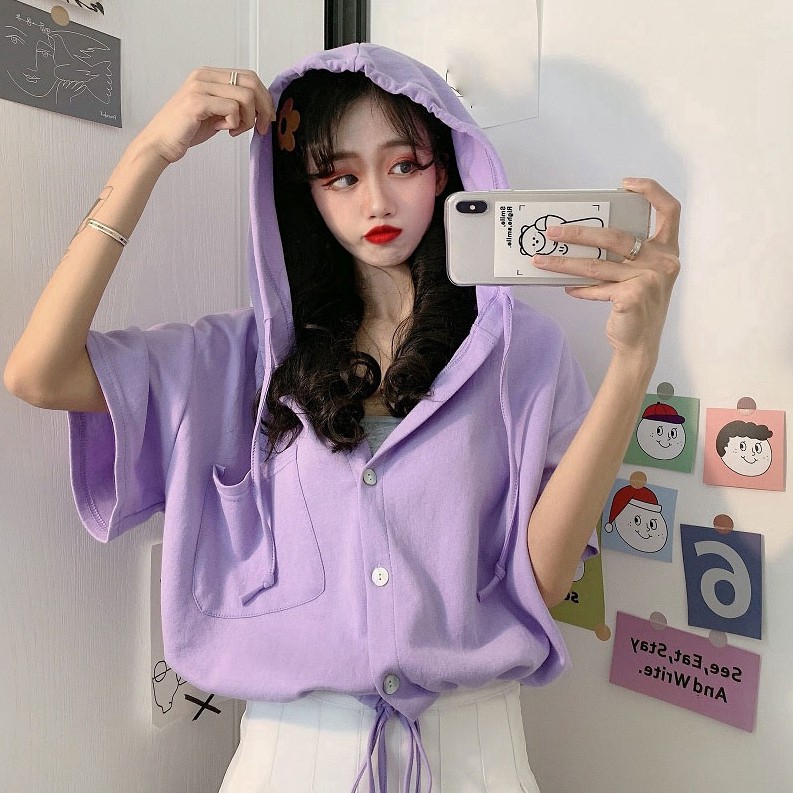 SUXI Áo Hoodie Mỏng Dáng Rộng Phối Dây Rút Xinh Xắn Trẻ Trung Cho Nữ