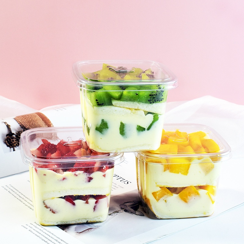 Hộp Nhựa Trong Suốt Hình Vuông 420ML Đựng Bánh Mousse Tráng Miệng Dùng Một Lần Tiện Lợi