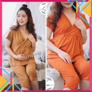 [HÀNG ĐẸP] Đồ Bộ Bầu Sau Sinh Lửng Bầu Cổ Vạt Chéo, Chất Đẹp, Tiện Cho Bé Ti, Free SIze