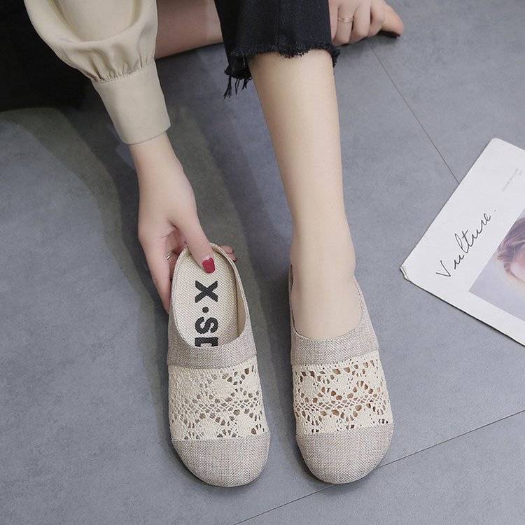 Giày Lười Vải Lanh Phối Ren Lỗ Thời Trang Mới Cho Nữ