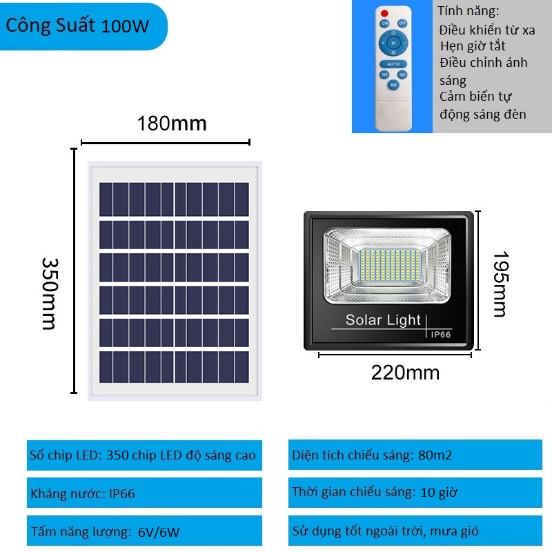 Đèn năng lượng mặt trời 100W, cảm biến ánh sáng tự bật tắt, hẹn giờ tắt, điều khiển từ xa, dây dài 5m, chống nước