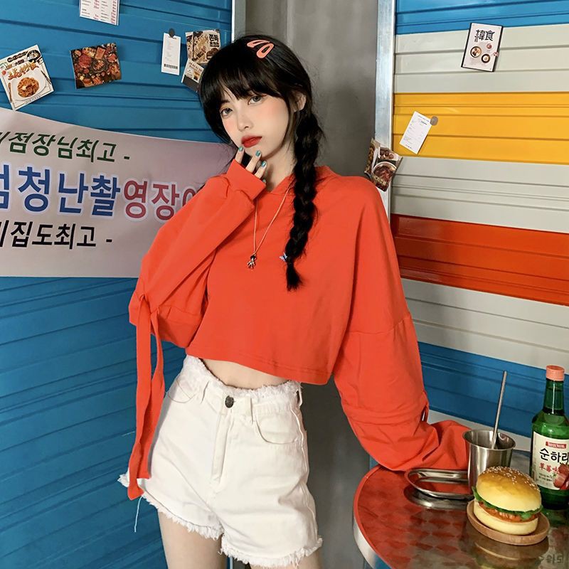 [Order] Áo hoodie thun croptop dài tay thắt nơ ulzzang