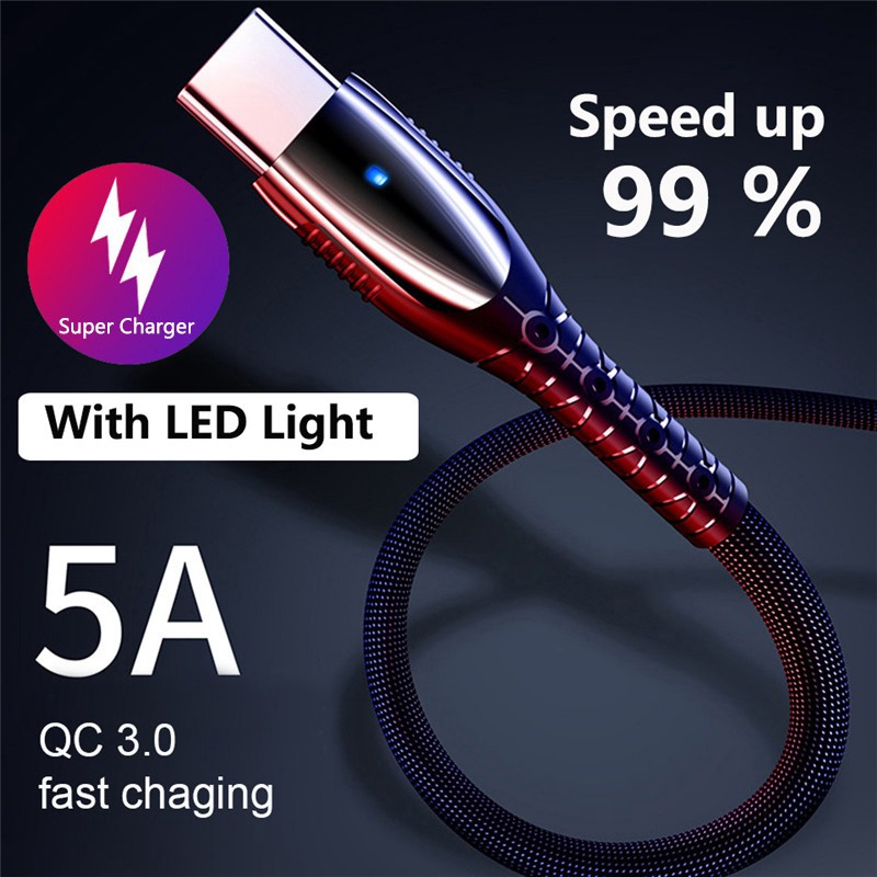 Cáp sạc nhanh 5A dài 1.2m có đèn LED cho điện thoại Huawei Android Iphone