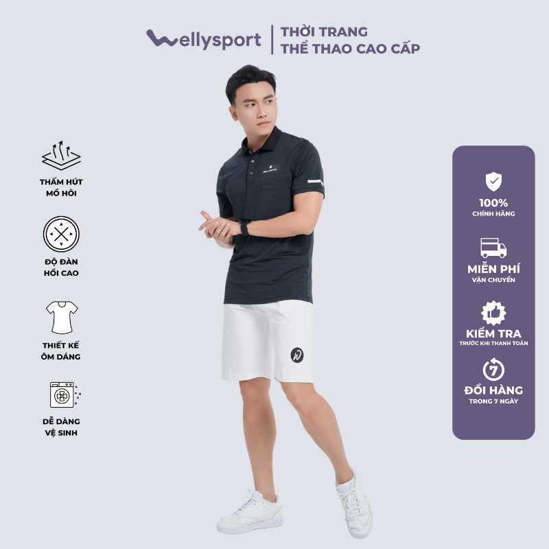 Áo Polo thể thao nam có cổ Welly Sport chất liệu mè caro thấm hút mồ hôi, màu đen mã APLON