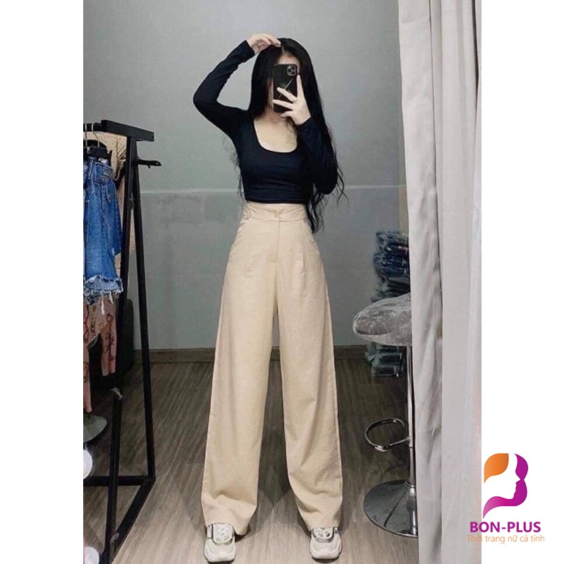 Quần đũi ống rộng nữ lưng cao khóa thật lưng chun - Ống dài 100cm - Quần đũi Trắng Đen và Kem - Dáng đứng cực xinh | BigBuy360 - bigbuy360.vn