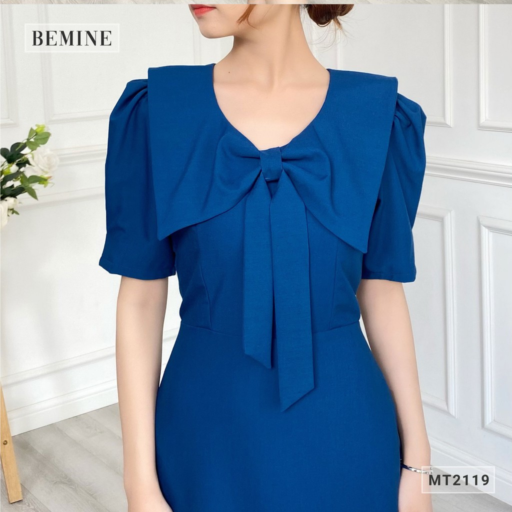 Đầm nữ công sở thiết kế cổ nơ tay xếp li BEMINE MT2119XANH