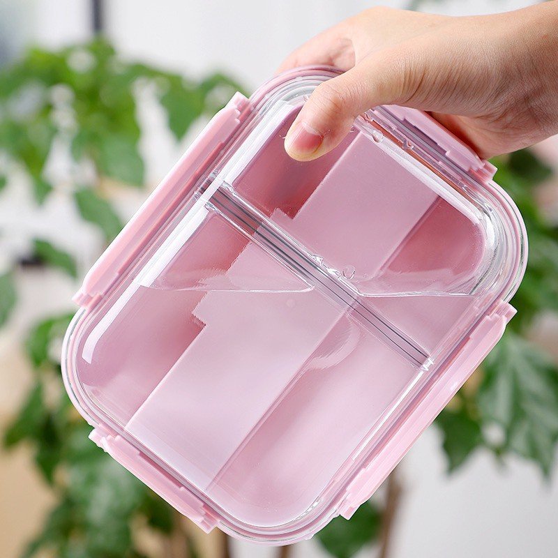 Hộp Cơm Thủy Tinh 3 Ngăn Kèm Muỗng Đũa Inox - Chịu Nhiệt, Chống Tràn Tiện Lợi