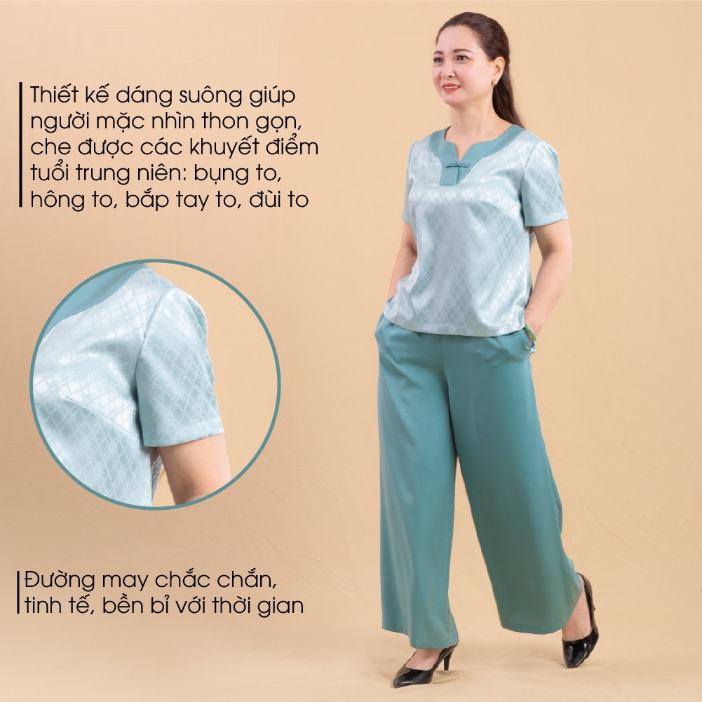 Đồ Bộ Trung Niên Nữ Lụa Việt Cao Cấp Mặc Nhà ANCHI B07 Xanh Quà Tặng Cho Mẹ