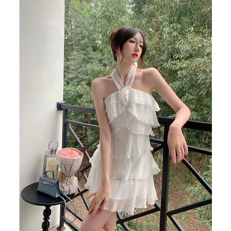 Đầm ngắn IELGY hở lưng không tay diềm xếp nếp phong cách mùa hè cho nữ