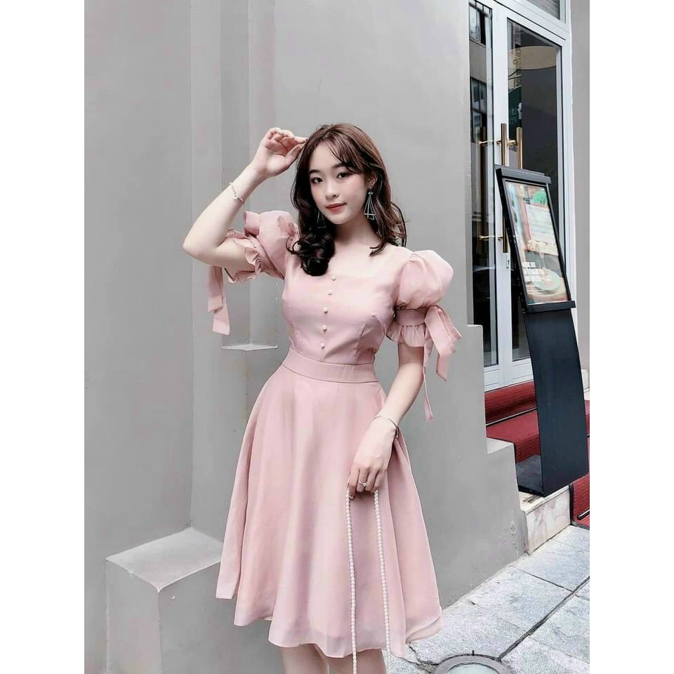 Đầm Dự Tiệc Thiết Kế Cổ Vuông Tay Nơ Xinh Lung Linh Hanaki HNK1011 | BigBuy360 - bigbuy360.vn