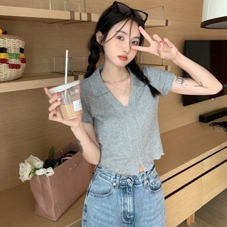 【ZHELIHANGFEI】Áo Thun POLO Dệt Kim Ngắn Tay Hở Eo Quyến Rũ