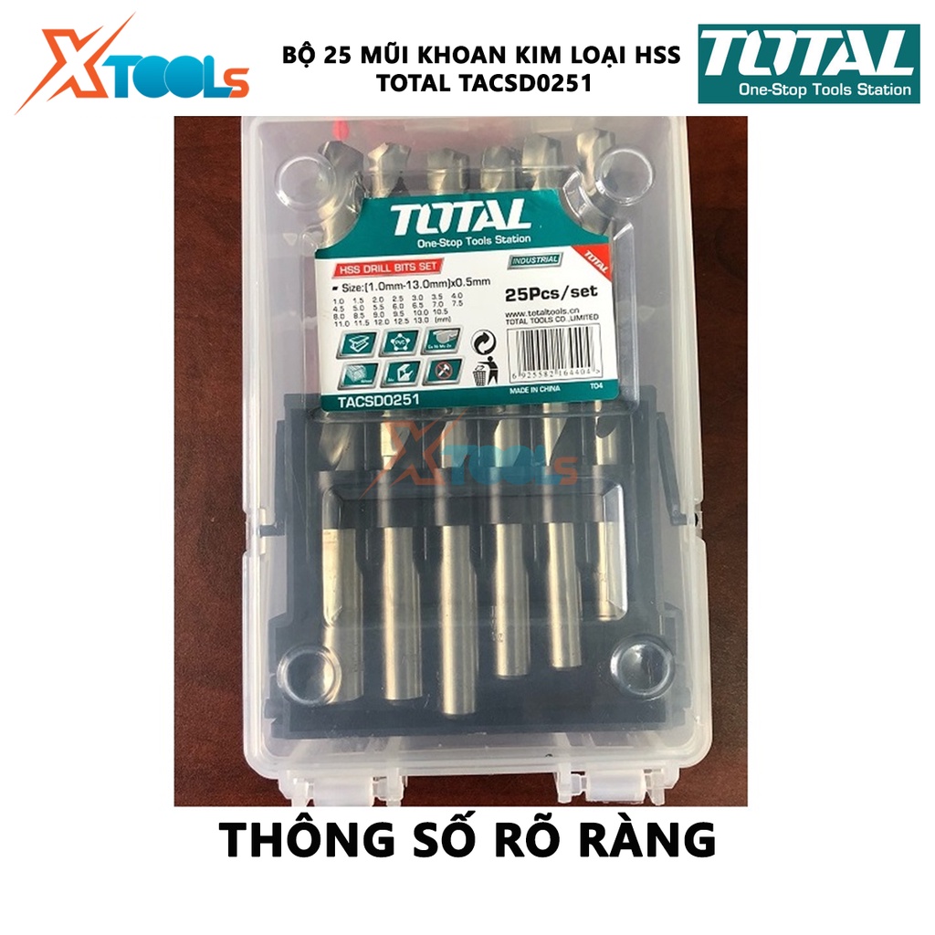 Bộ mũi khoan kim loại HSS 25 chi tiết TOTAL TACSD0251 | bộ 25 mũi khoan sắt kích thước từ 1 - 13mm [CHÍNH HÃNG] [XTOOLs]