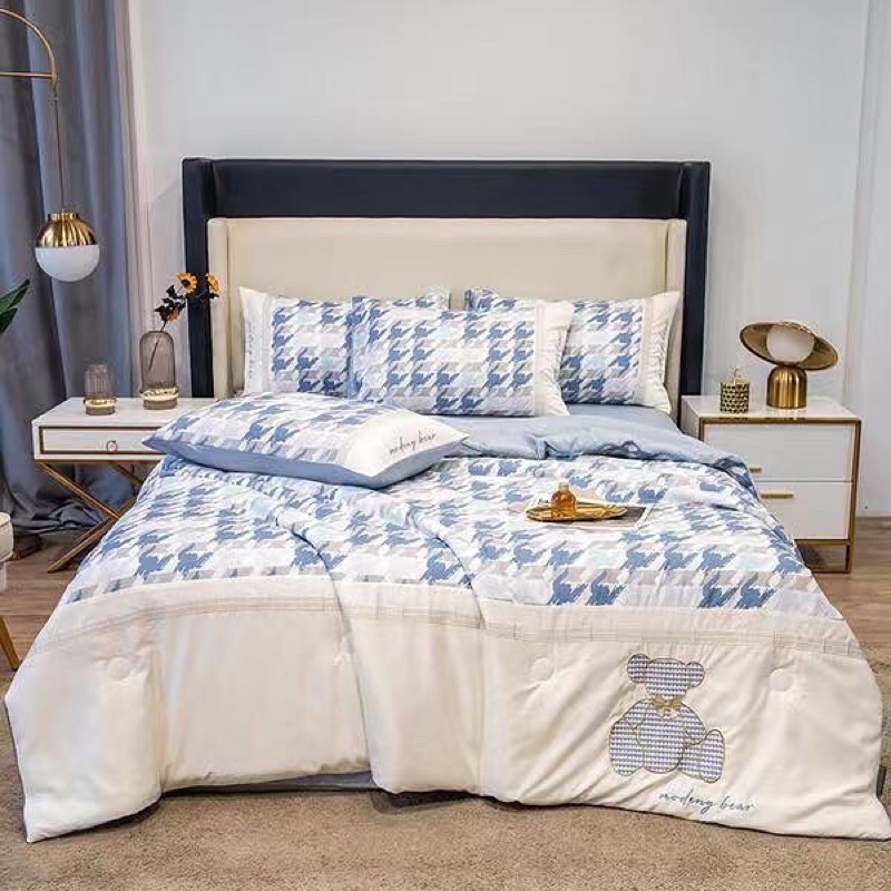 Set Phi Lụa Chăn Hè Thêu Gấu Sang Xịn