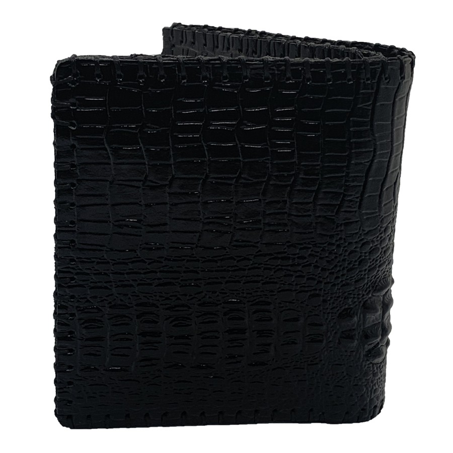 Ví Nam Đứng Da Bò Dập Vân Cá Sấu May Viền Tiến Công Màu Đen - TCN1043