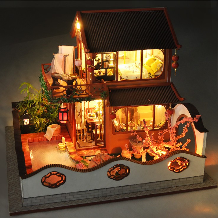 Mô hình nhà DIY Doll House Ancient Style Paradise kèm Mica Chống bụi, Hộp nhạc, Bộ dụng cụ và Keo dán