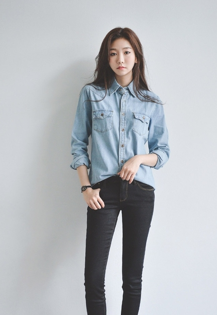 Áo sơ mi Denim tay dài dáng rộng thiết kế trẻ trung cho nữ