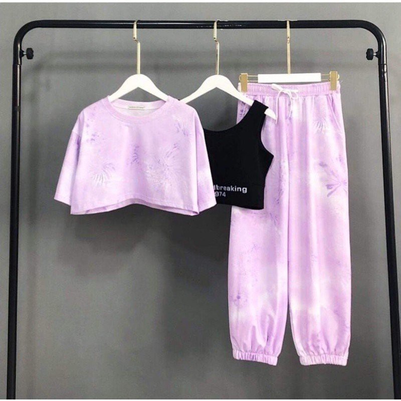 Set bộ loang màu cute quần bo gấu kèm 2 áo croptop