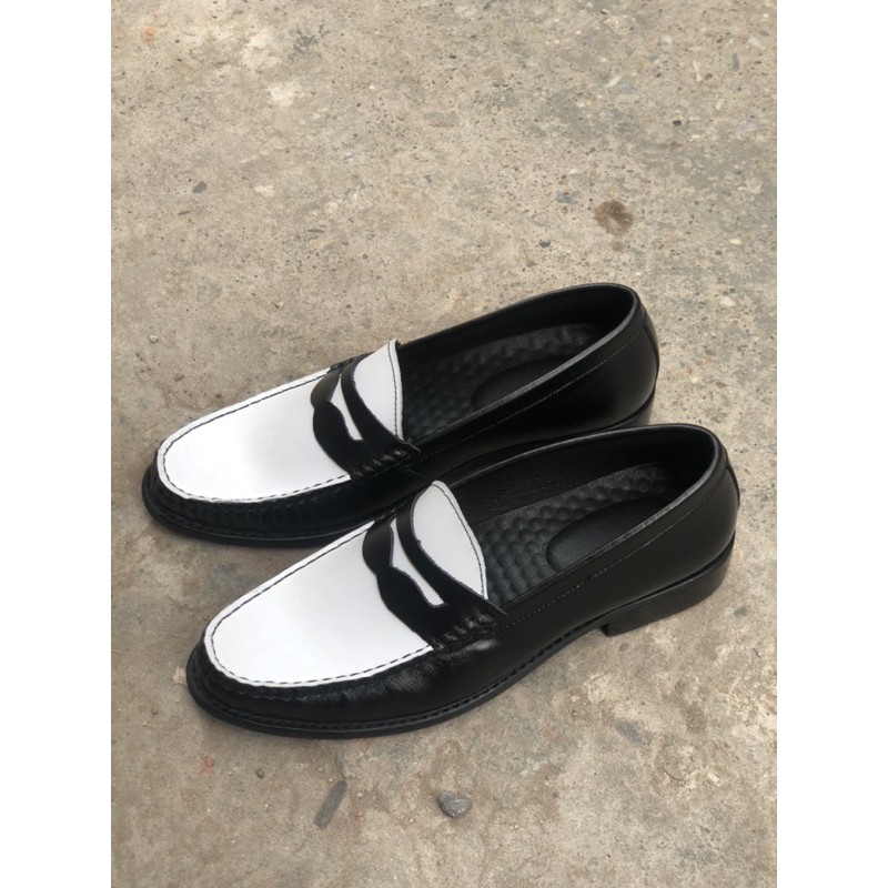 [ HÀNG CAO CẤP XẢ KHO ] GIÀY TÂY NAM DA THẬT 100% - PENNY LOAFER ĐEN TRẮNG-HOT TREND-TĂNG CHIỀU CAO