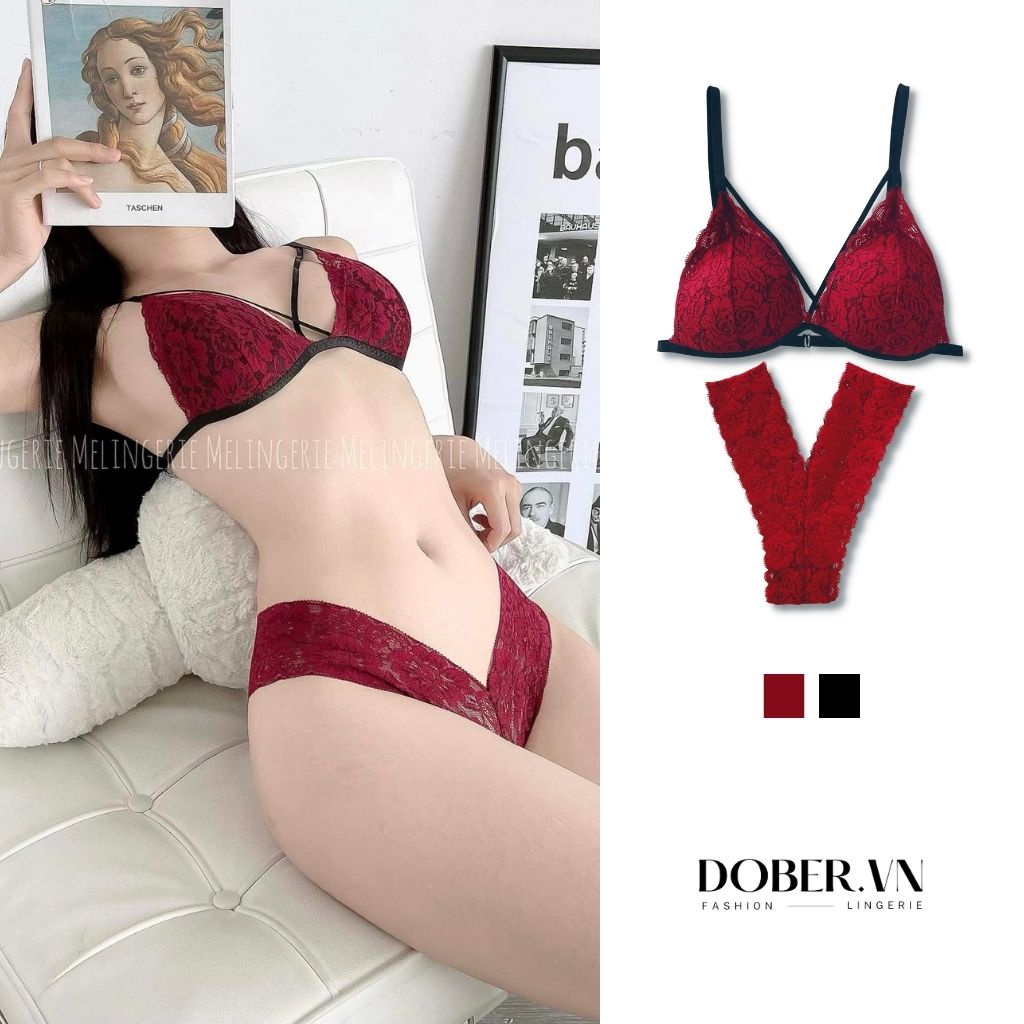 Bộ đồ lót ren màu đỏ dây chéo, áo ngực ren không gọng, quần lót ren chữ Y – Dober