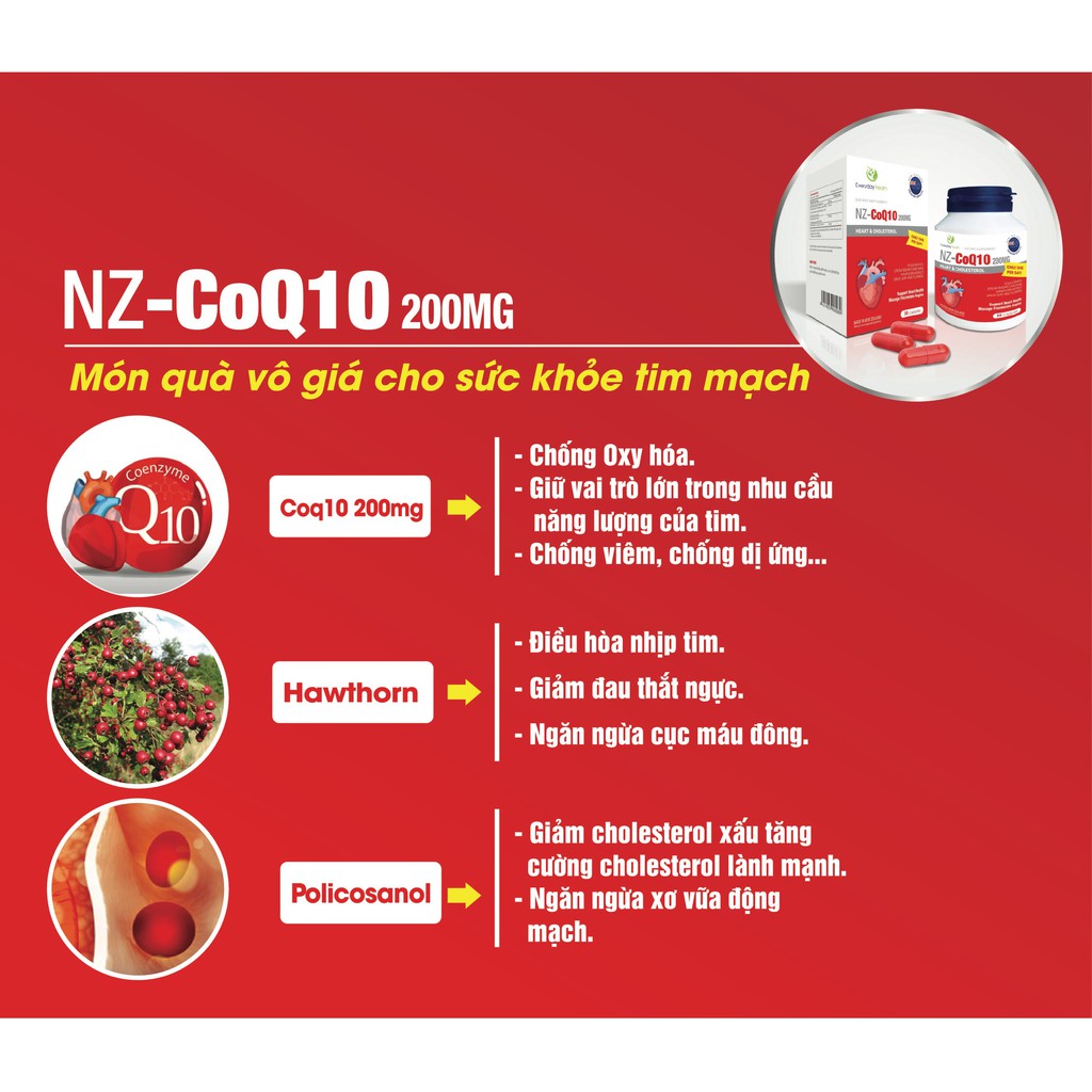 NZ-CoQ10 200mg - Hỗ trợ ổn định huyết áp, giảm cholesterol và các nguy cơ nhồi máu cơ tim (30 viên)