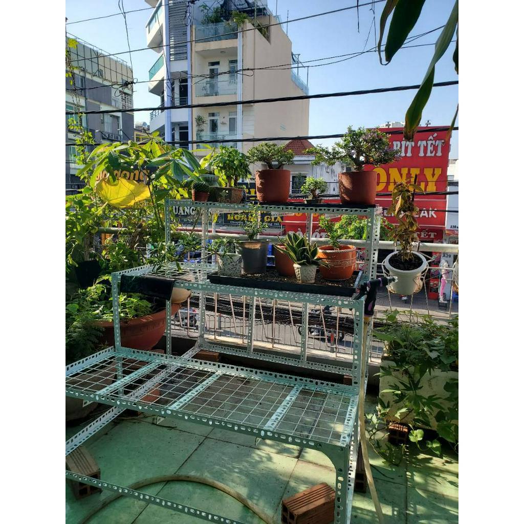 Kệ tam cấp, kệ bậc thang 3 tầng mặt lưới dùng để trưng bày hoa cây cảnh, trưng bày hàng hóa sản phẩm