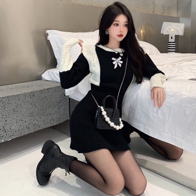 Đầm nữ dệt kim ZHELIHANGFEI tay dài lộ vai gợi cảm thời trang