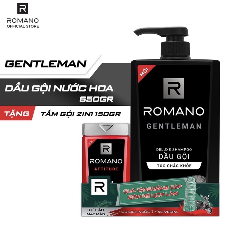 Combo Dầu gội Romano Gentleman lịch lãm cho tóc chắc khỏe 650gr và Tắm gội 2in1 Romano 150g