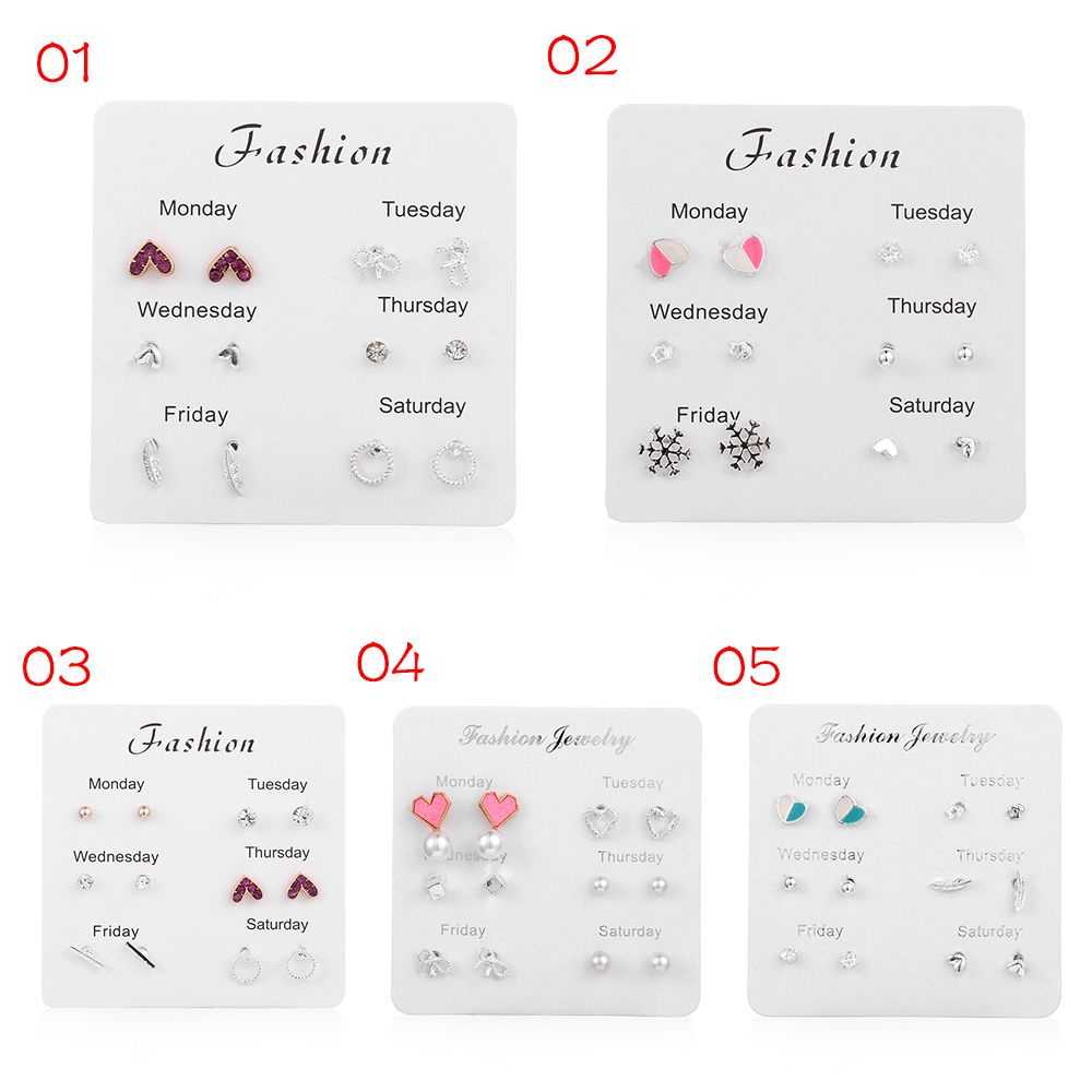 Bộ 6 đôi bông tai hình trái tim/ nơ/ hình học/ nơ thiết kế đơn giản thời trang cho nữ