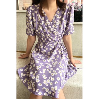 ĐẦM HOA CÚC CỔ ĐẮP CHÉO CỘT DÂY EO - HÌNH CHỤP THẬT