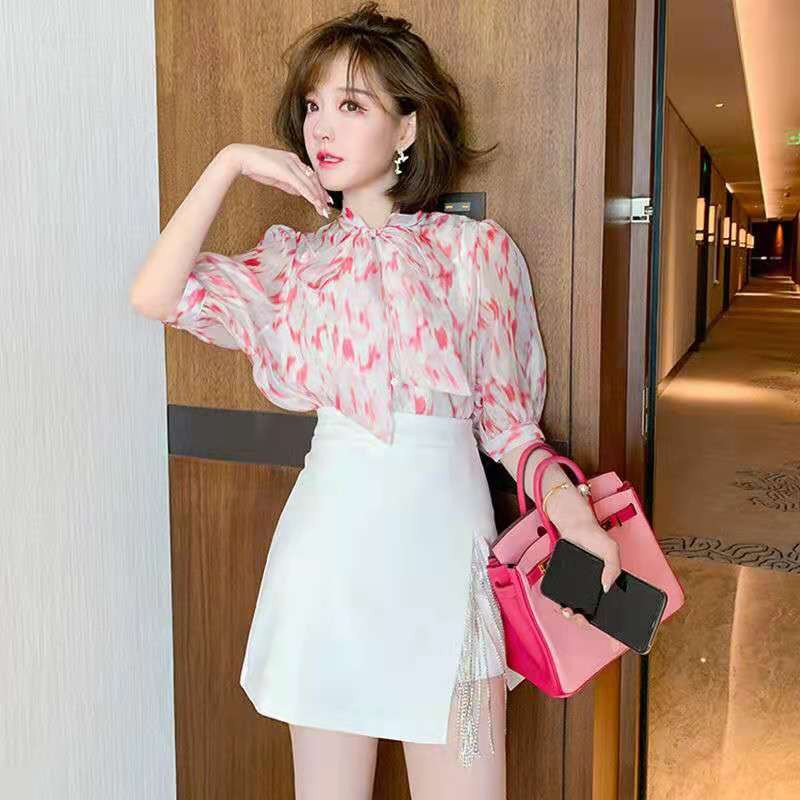 Set Áo Sơ Mi In Họa Tiết + Chân Váy Lưng Cao Xẻ Tà Đính Đá Có Size S-3Xl Thời Trang Mùa Hè Cho Nữ