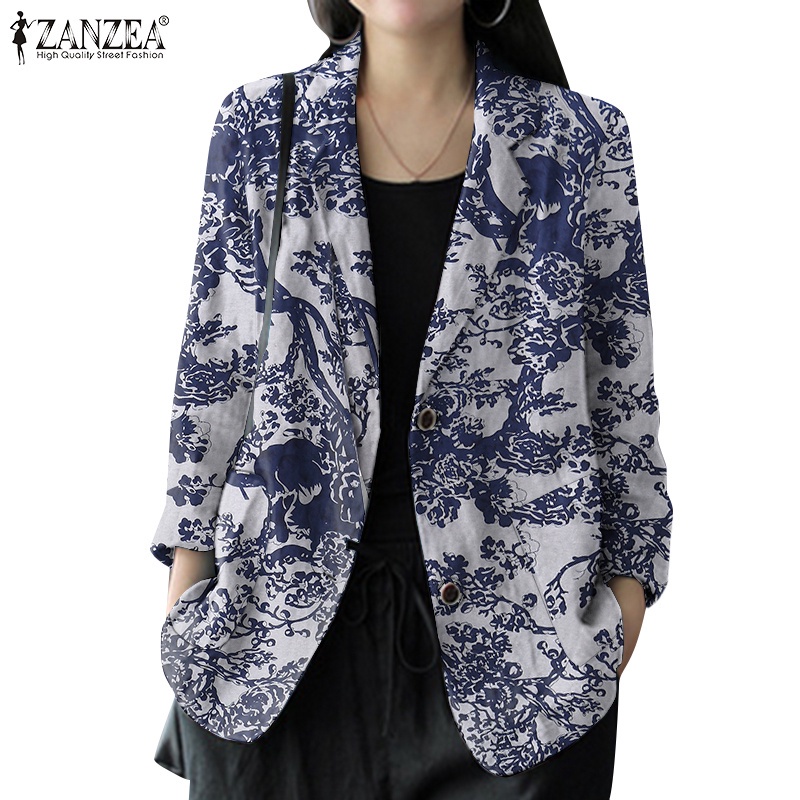 Áo blazer ZANZEA cotton dáng rộng cổ bẻ tay dài in họa tiết hoa phong cách vintage thời trang dành cho nữ