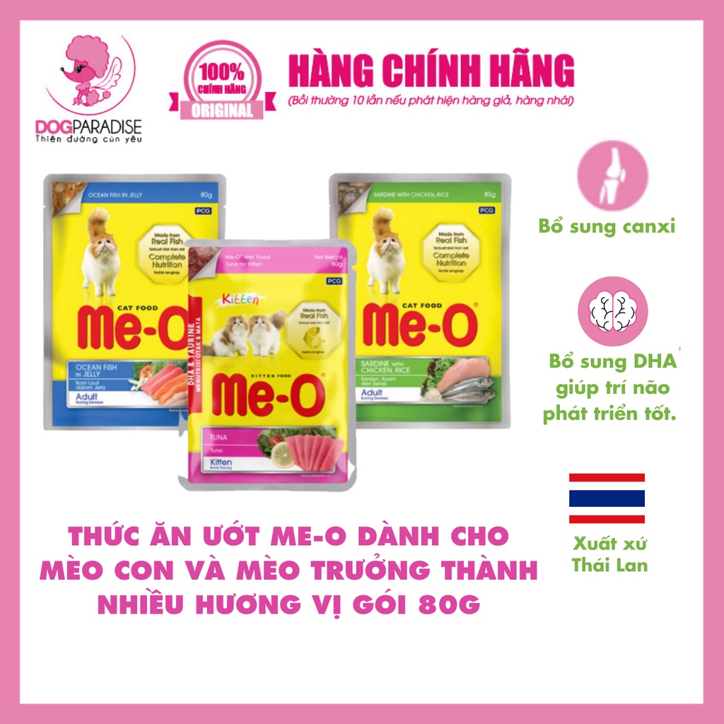 Thức ăn ướt Me-O dành cho mèo con và mèo trưởng thành nhiều hương vị thơm ngon gói 80g - Dog Paradise