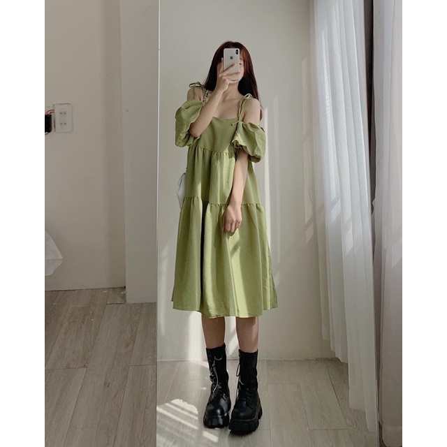Váy babydoll tay rời xanh bơ 865, đầm babydoll form dài, đầm 2 dây form rộng dài