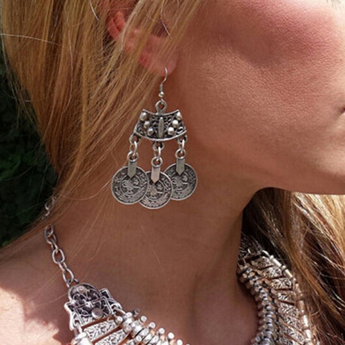 Đôi khuyên tai kết đồng xu to bản phong cách Vintage