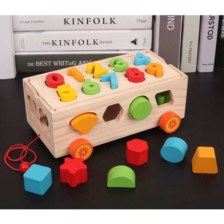 Xe đồ chơi thả hình gỗ kèm số đếm nhiều màu sắc - Đồ chơi gỗ phát triển kỹ năng