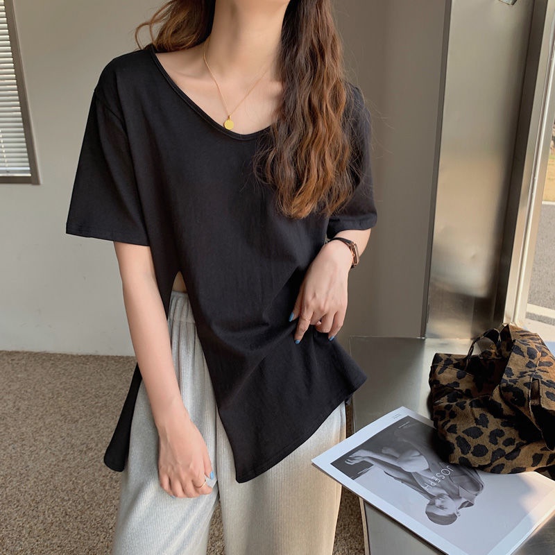 Áo Thun Tay Ngắn Cổ Chữ U Dáng Rộng Xẻ Tà Thời Trang Mùa Hè Hàn Quốc Mới Dành Cho Bạn Nữ