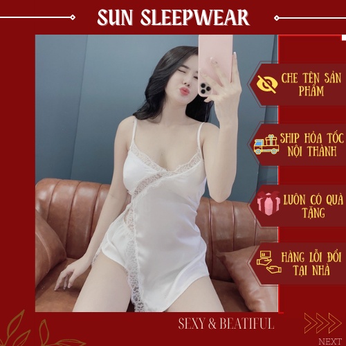 Đồ Ngủ Sexy 💘SIÊU HOT💘 Bộ Đùi Ren Mi Xẻ Tà Chất Satin Chuẩn Đẹp, Mềm Min, Có Mút Ngực Kèm Quần -