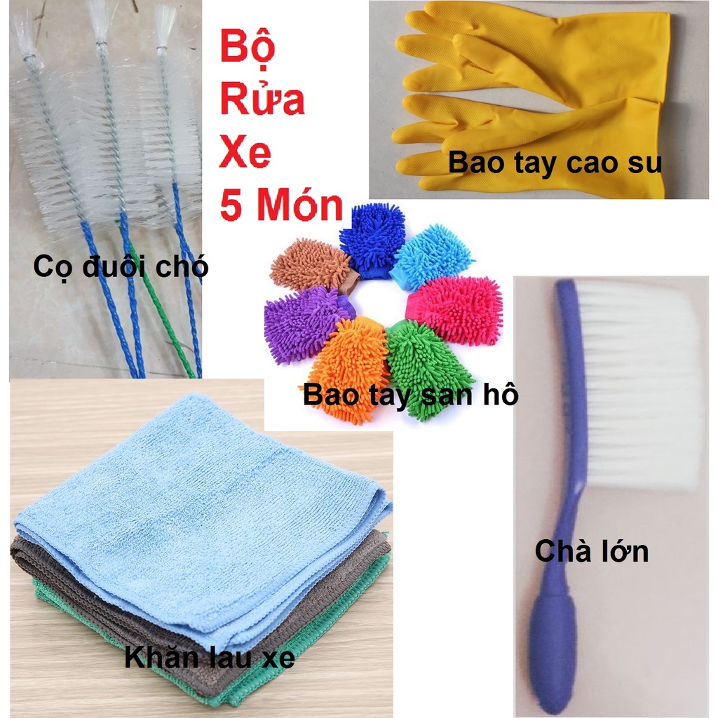 [SALE]Bộ dụng cụ 5 món rửa xe (Bao tay san hô rửa xe-Cọ đuôi chó-khăn lau xe-bàn chải chà rửa xe-bao tay cao su) giá mềm