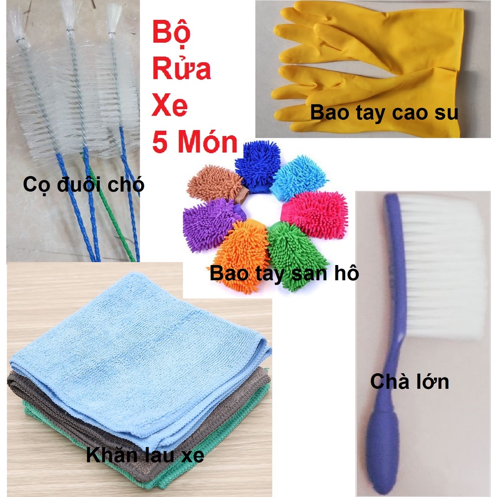 Bộ dụng cụ 5 món rửa xe (Bao tay san hô rửa xe-Cọ đuôi chó-khăn lau xe-bàn chải chà rửa xe-bao tay cao su) giá mềm