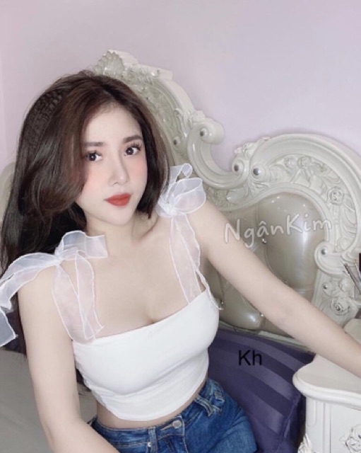 Áo croptop ôm body 2 dây ruy băng hot hit 2 màu đen trắng